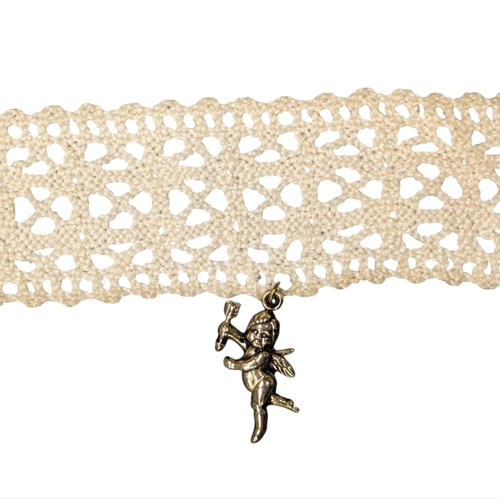 Vintage handmade lace choker Necklace with cherub Cupid angel charm